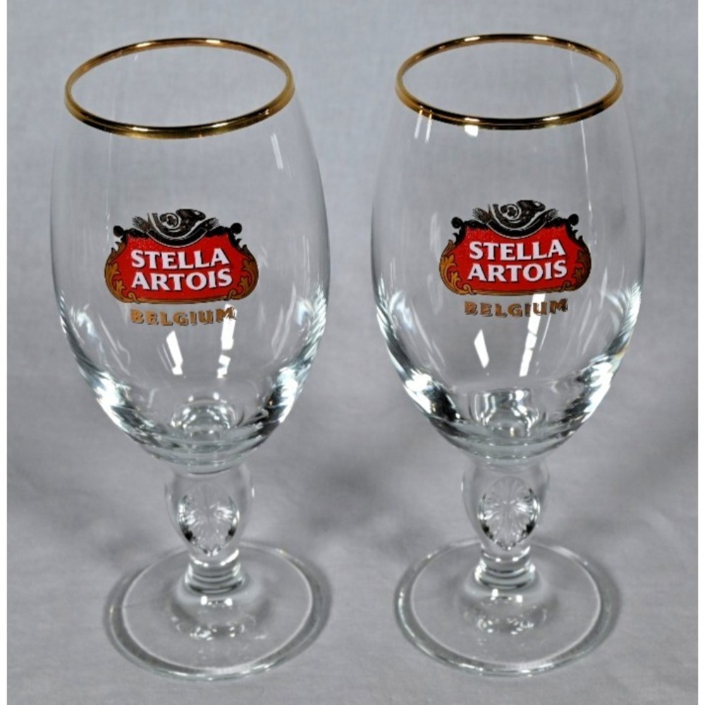 Set of 2 Stella Artois Belgium Beer Chalice Glasses 33cl Gold Rim